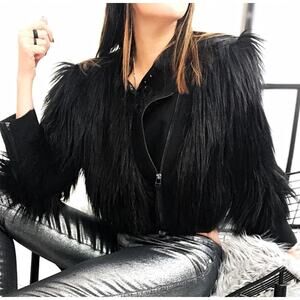 BCBGMaxazria Breton Black Faux Fur Jacket Small Cropped Moto Edgy Chic Y2K Glam